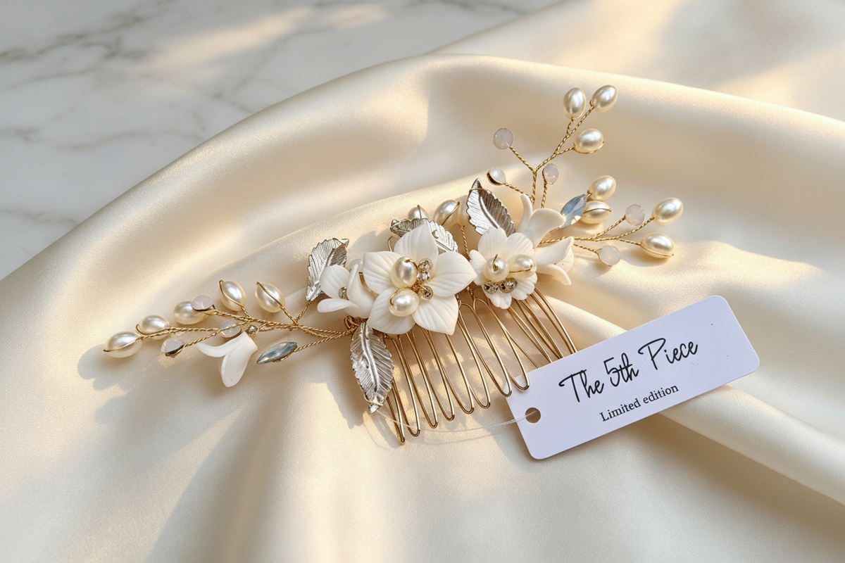 Luxury Bridal Hair Comb • Ivory Floral, Pearls & Gold • Limited Edition — The 5th Piece