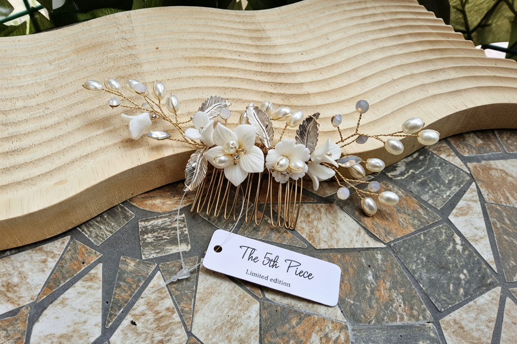 Luxury Bridal Hair Comb • Ivory Floral, Pearls & Gold • Limited Edition — The 5th Piece