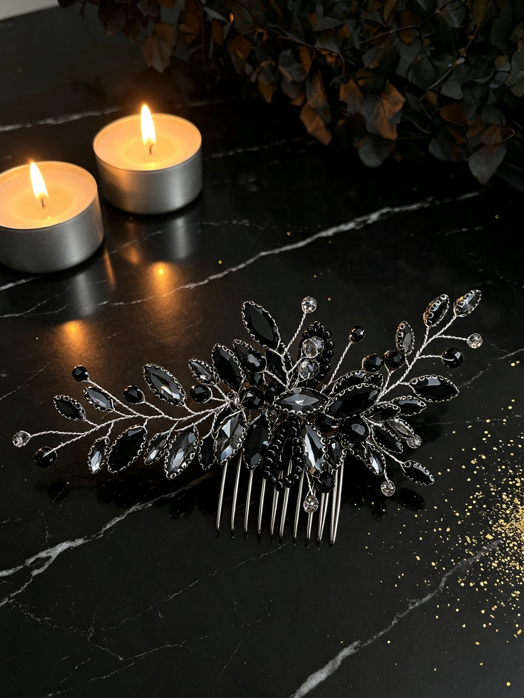 Black Crystal Bridal Hair Comb Halloween Gothic Luxury — Limited Edition