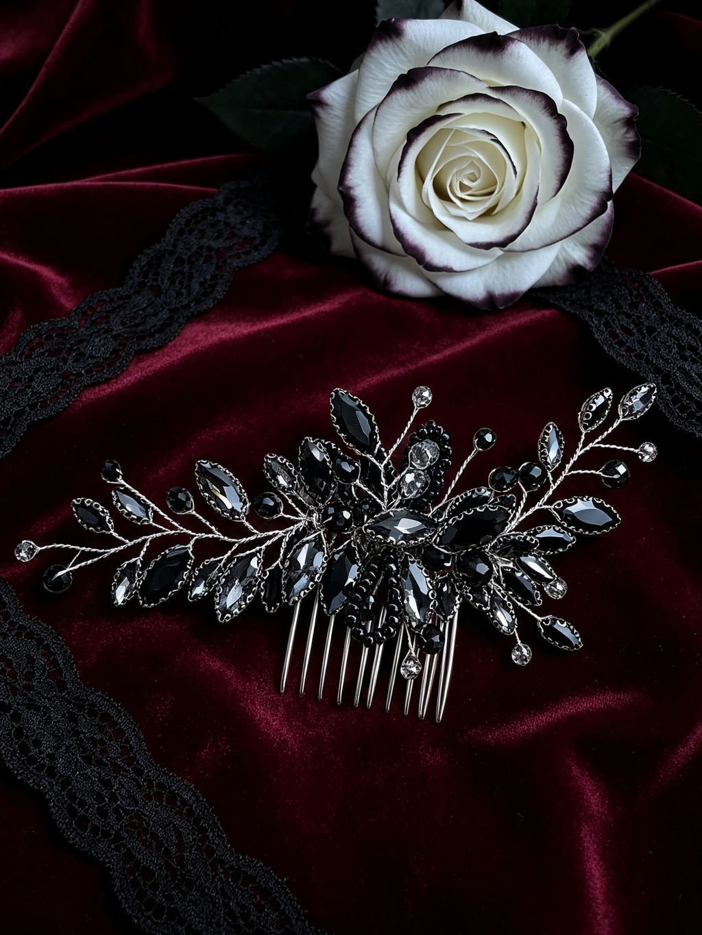 Black Crystal Bridal Hair Comb Halloween Gothic Luxury — Limited Edition