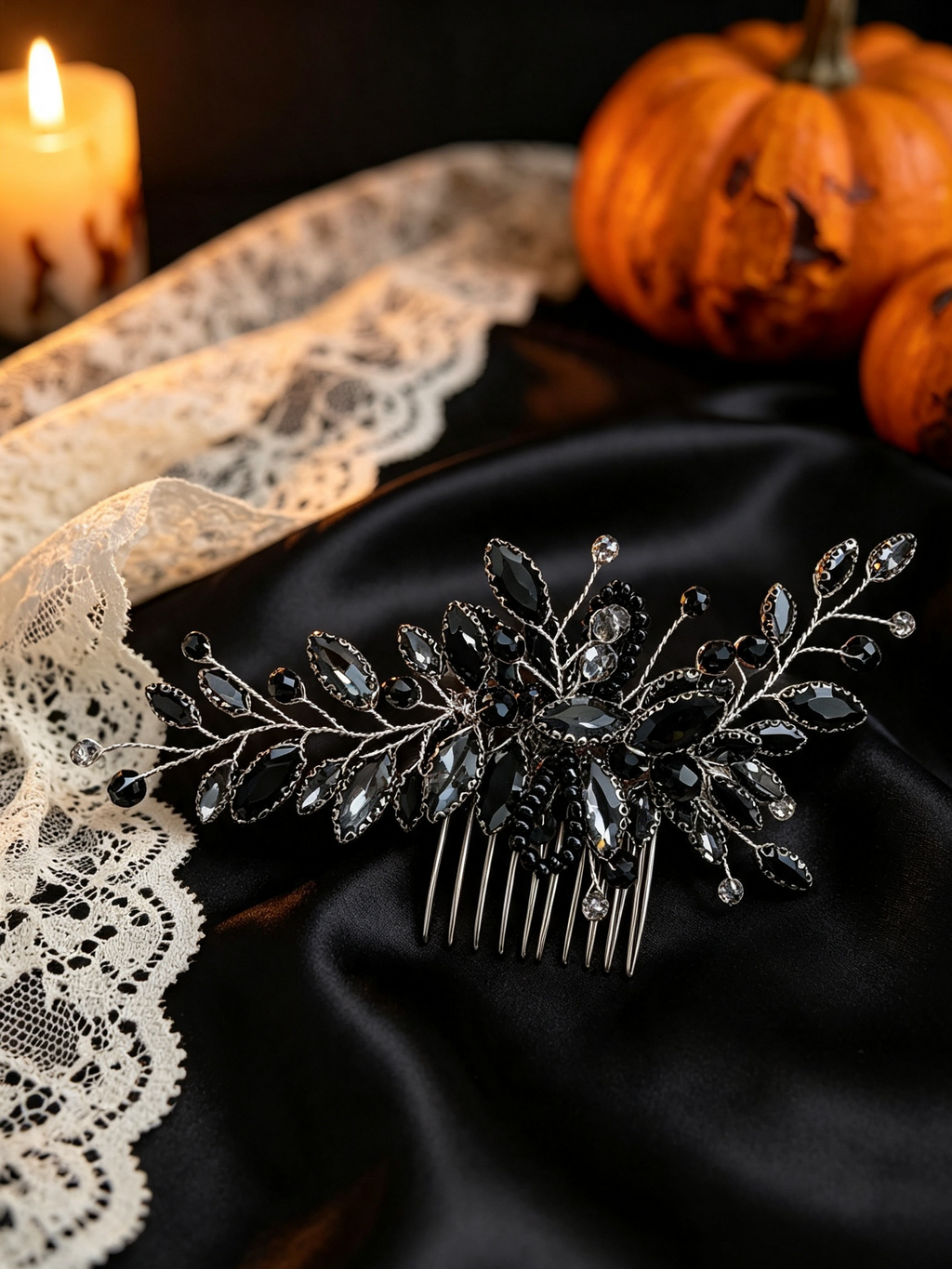 Black Crystal Bridal Hair Comb Halloween Gothic Luxury — Limited Edition