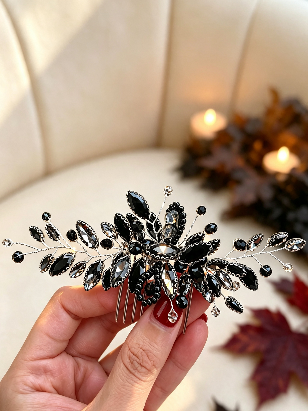 Black Crystal Bridal Hair Comb Halloween Gothic Luxury — Limited Edition