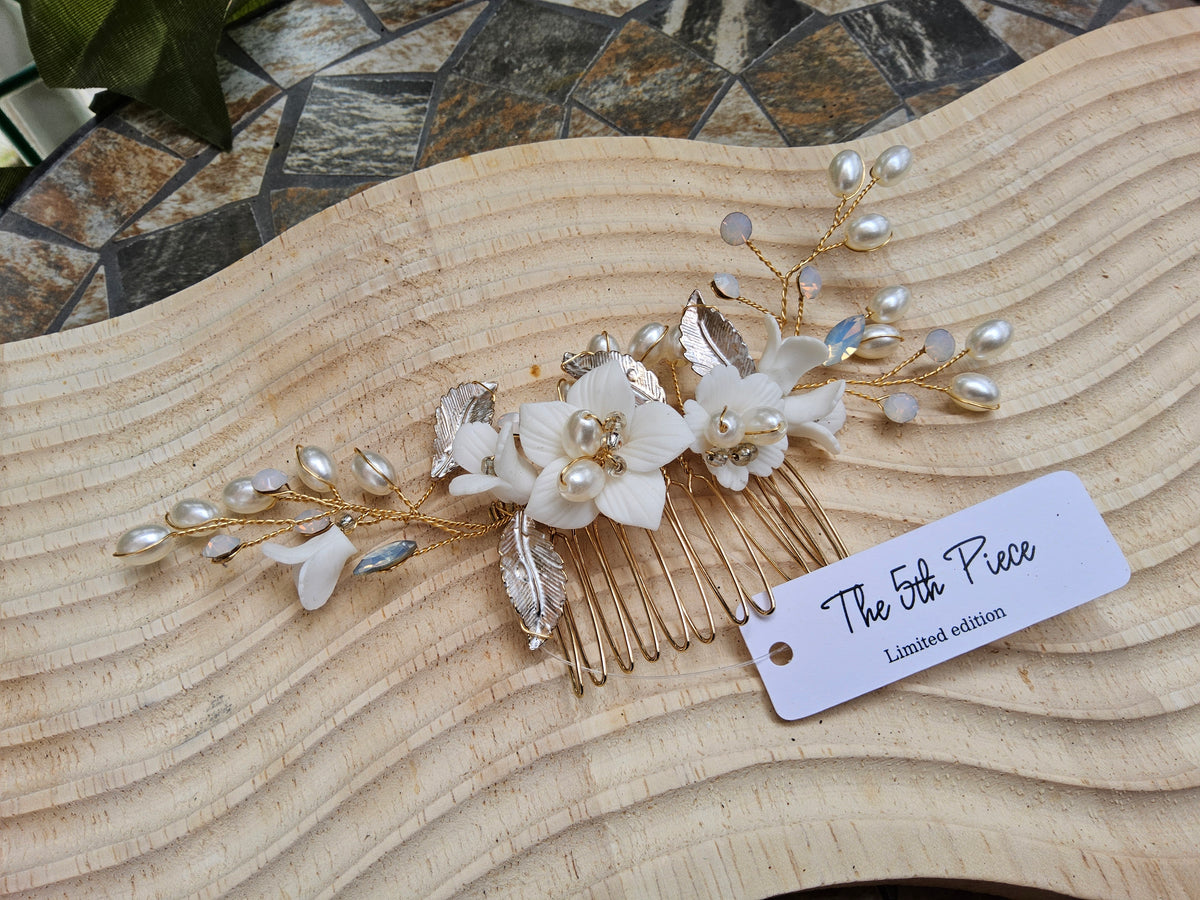 Luxury Bridal Hair Comb • Ivory Floral, Pearls & Gold • Limited Edition — The 5th Piece