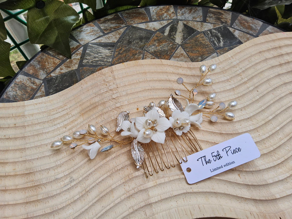 Luxury Bridal Hair Comb • Ivory Floral, Pearls & Gold • Limited Edition — The 5th Piece