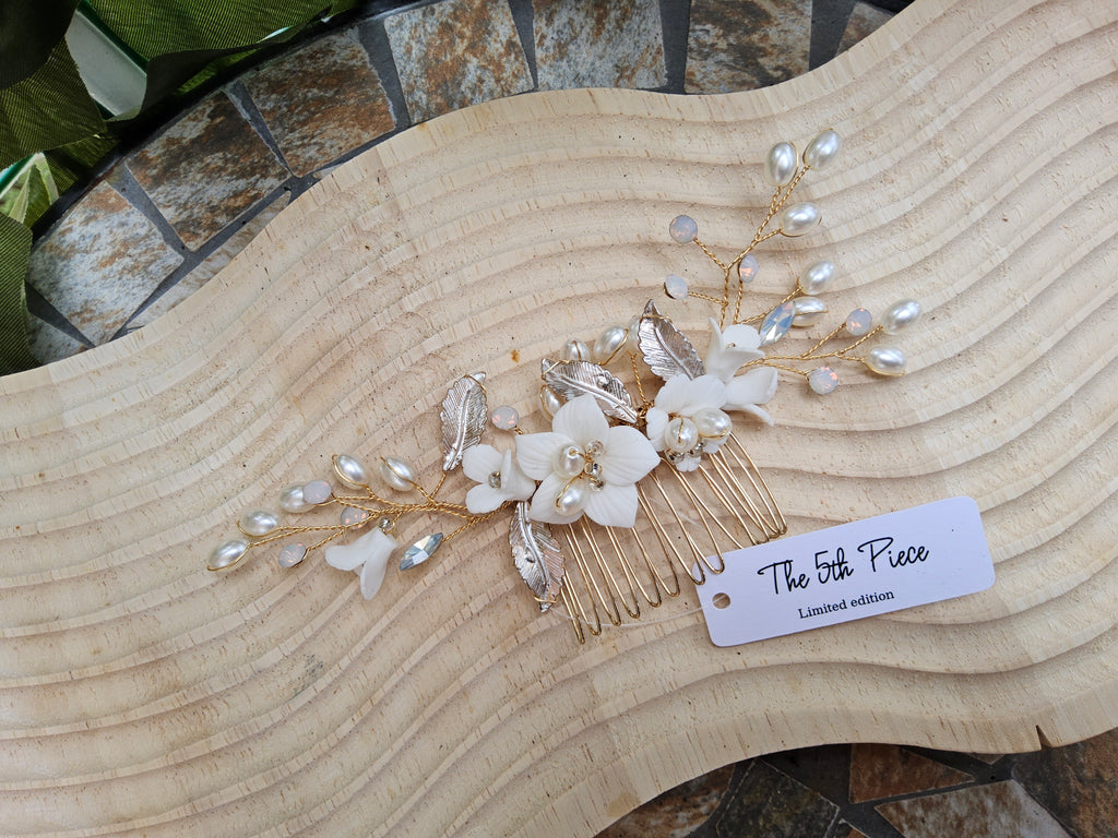 Luxury Bridal Hair Comb • Ivory Floral, Pearls & Gold • Limited Edition — The 5th Piece